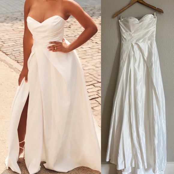 Lifetime of Love White Satin Strapless A-Line Gown - Picture 2 of 11